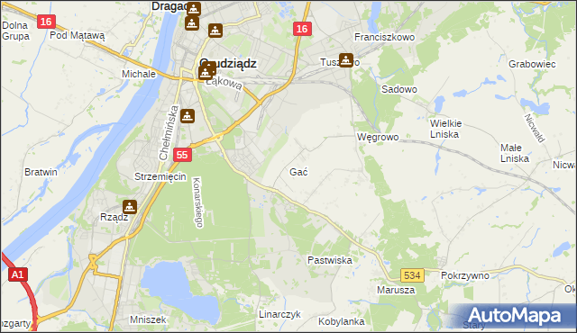 mapa Gać gmina Grudziądz, Gać gmina Grudziądz na mapie Targeo