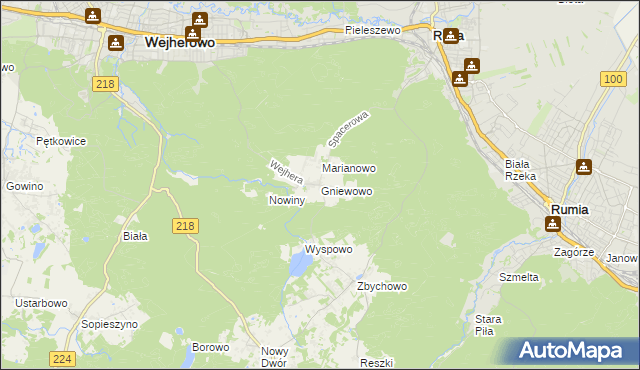 mapa Gniewowo gmina Wejherowo, Gniewowo gmina Wejherowo na mapie Targeo