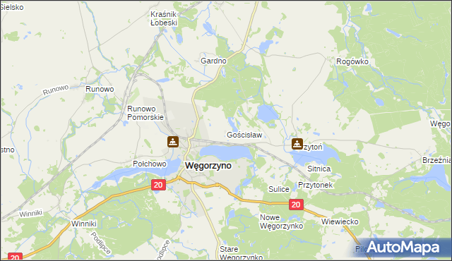 mapa Gościsław gmina Węgorzyno, Gościsław gmina Węgorzyno na mapie Targeo