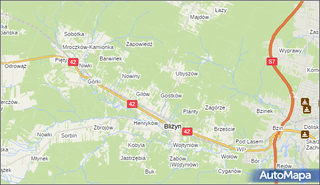 mapa Gostków gmina Bliżyn, Gostków gmina Bliżyn na mapie Targeo
