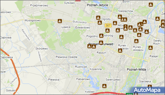 mapa Grunwald gmina Poznań, Grunwald gmina Poznań na mapie Targeo
