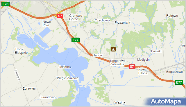 mapa Janów gmina Elbląg, Janów gmina Elbląg na mapie Targeo