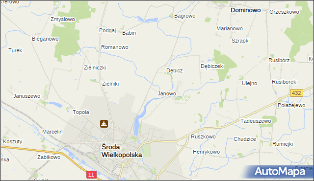 mapa Janowo gmina Środa Wielkopolska, Janowo gmina Środa Wielkopolska na mapie Targeo