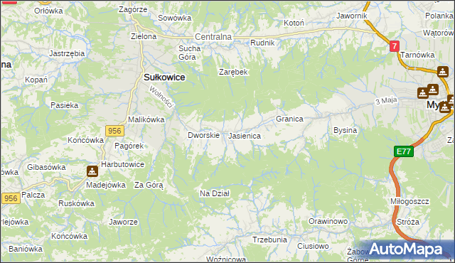mapa Jasienica gmina Myślenice, Jasienica gmina Myślenice na mapie Targeo