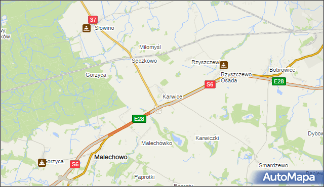 mapa Karwice gmina Malechowo, Karwice gmina Malechowo na mapie Targeo