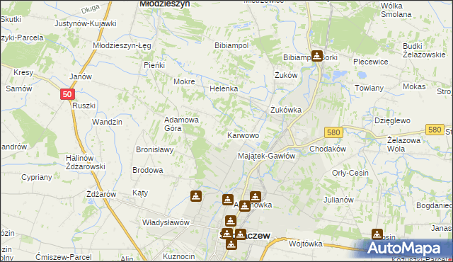 mapa Karwowo gmina Sochaczew, Karwowo gmina Sochaczew na mapie Targeo