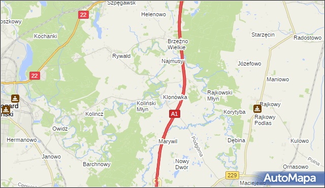 mapa Klonówka gmina Starogard Gdański, Klonówka gmina Starogard Gdański na mapie Targeo