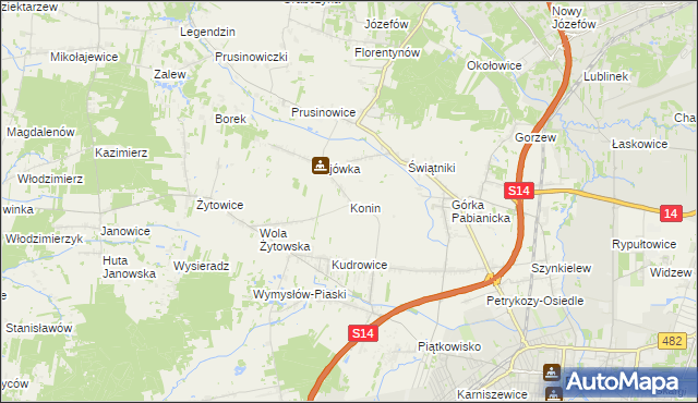 mapa Konin gmina Pabianice, Konin gmina Pabianice na mapie Targeo