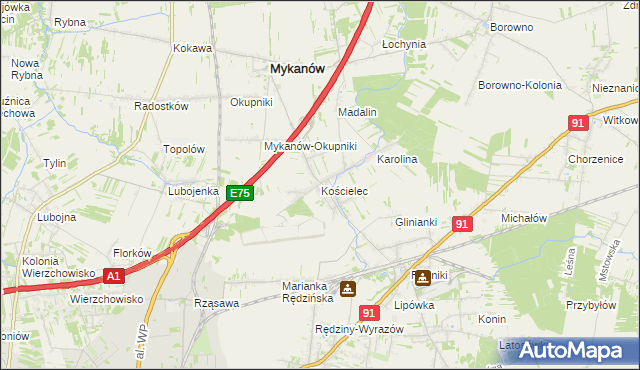 mapa Kościelec gmina Rędziny, Kościelec gmina Rędziny na mapie Targeo