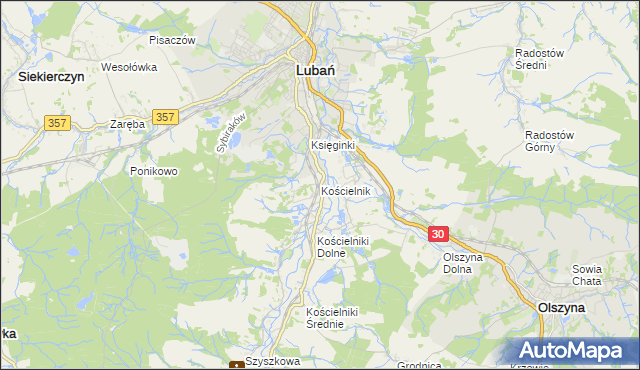 mapa Kościelnik gmina Lubań, Kościelnik gmina Lubań na mapie Targeo
