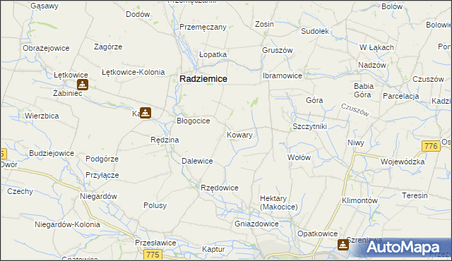mapa Kowary gmina Radziemice, Kowary gmina Radziemice na mapie Targeo