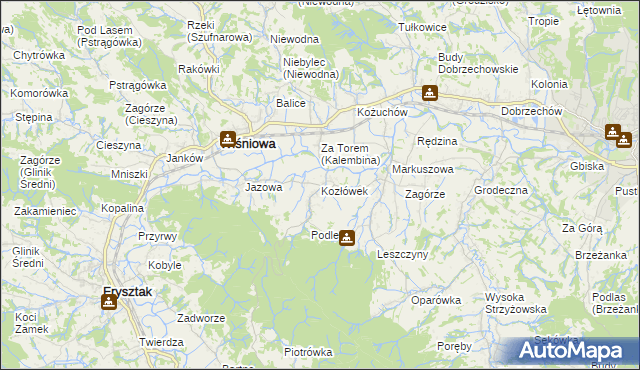mapa Kozłówek gmina Wiśniowa, Kozłówek gmina Wiśniowa na mapie Targeo