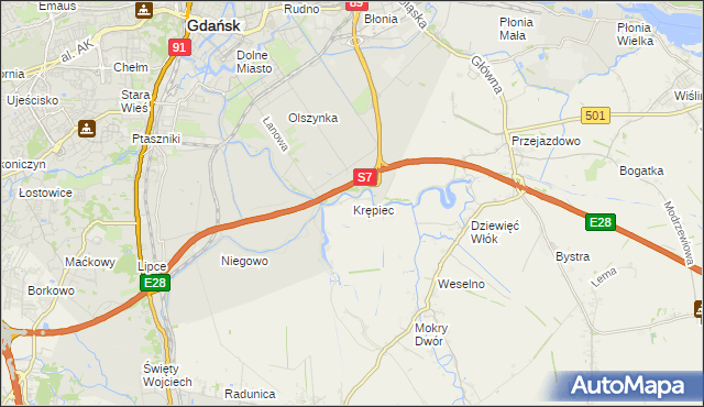 mapa Krępiec gmina Pruszcz Gdański, Krępiec gmina Pruszcz Gdański na mapie Targeo