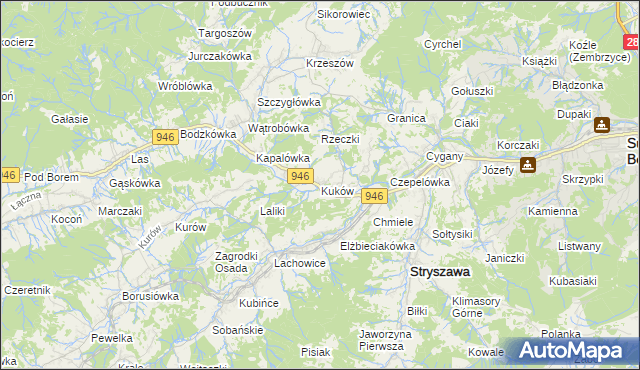 mapa Kuków gmina Stryszawa, Kuków gmina Stryszawa na mapie Targeo