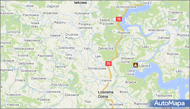 mapa Łęki gmina Łososina Dolna, Łęki gmina Łososina Dolna na mapie Targeo