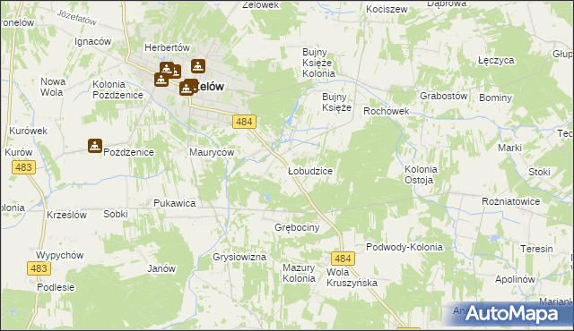 mapa Łobudzice gmina Zelów, Łobudzice gmina Zelów na mapie Targeo