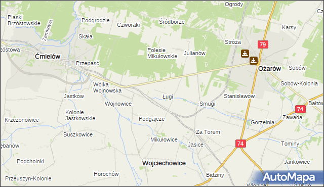 mapa Ługi gmina Wojciechowice, Ługi gmina Wojciechowice na mapie Targeo