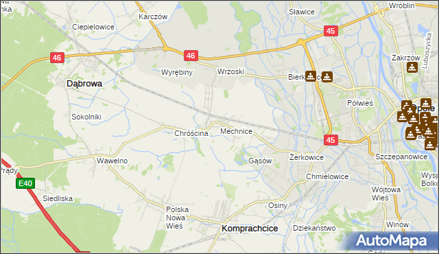 mapa Mechnice gmina Dąbrowa, Mechnice gmina Dąbrowa na mapie Targeo