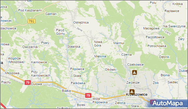 mapa Miękinia gmina Krzeszowice, Miękinia gmina Krzeszowice na mapie Targeo