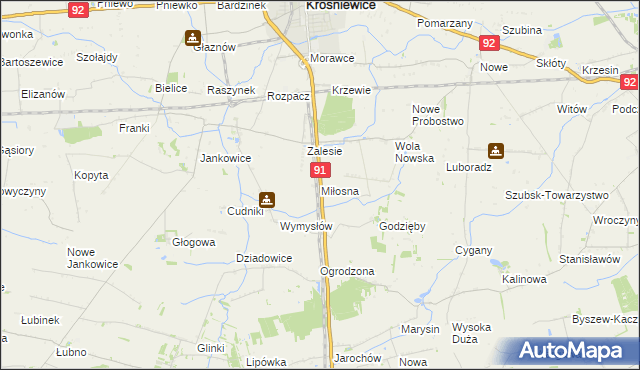 mapa Miłosna gmina Krośniewice, Miłosna gmina Krośniewice na mapie Targeo