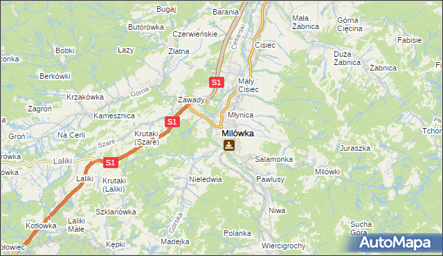 mapa Milówka powiat żywiecki, Milówka powiat żywiecki na mapie Targeo