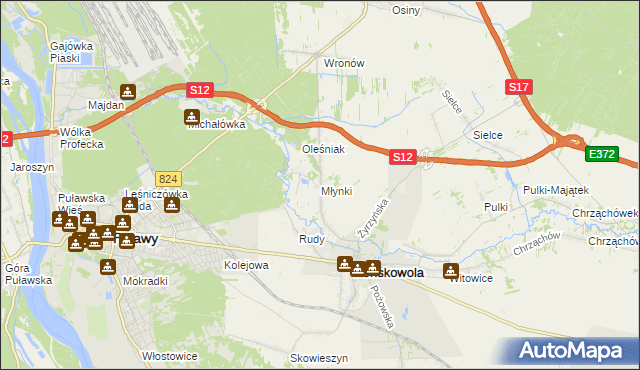 mapa Młynki gmina Końskowola, Młynki gmina Końskowola na mapie Targeo