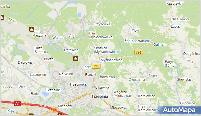 mapa Myślachowice, Myślachowice na mapie Targeo