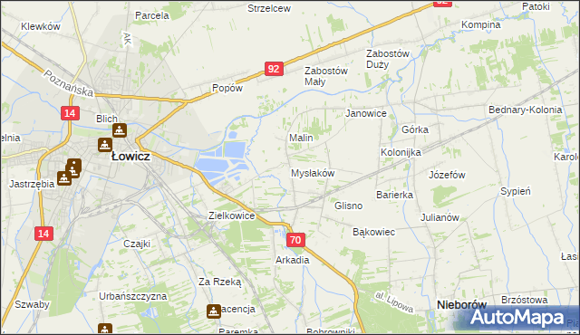 mapa Mysłaków gmina Nieborów, Mysłaków gmina Nieborów na mapie Targeo