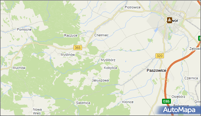 mapa Myślibórz gmina Paszowice, Myślibórz gmina Paszowice na mapie Targeo