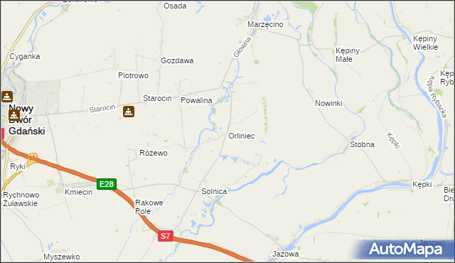mapa Orliniec gmina Nowy Dwór Gdański, Orliniec gmina Nowy Dwór Gdański na mapie Targeo