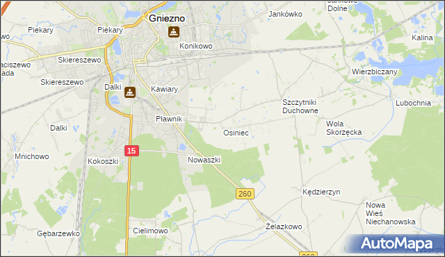 mapa Osiniec gmina Gniezno, Osiniec gmina Gniezno na mapie Targeo