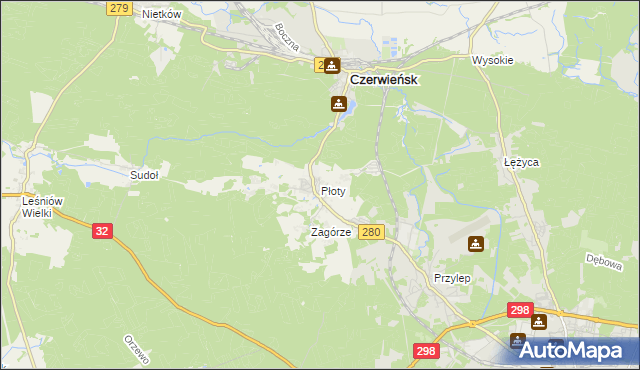 mapa Płoty gmina Czerwieńsk, Płoty gmina Czerwieńsk na mapie Targeo