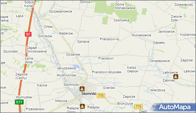 mapa Prandocin gmina Słomniki, Prandocin gmina Słomniki na mapie Targeo
