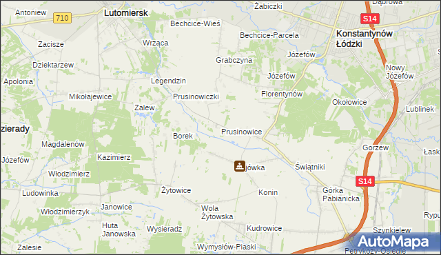 mapa Prusinowice gmina Lutomiersk, Prusinowice gmina Lutomiersk na mapie Targeo
