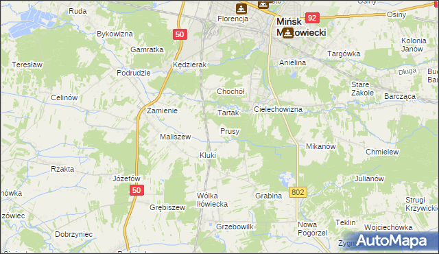 mapa Prusy gmina Mińsk Mazowiecki, Prusy gmina Mińsk Mazowiecki na mapie Targeo