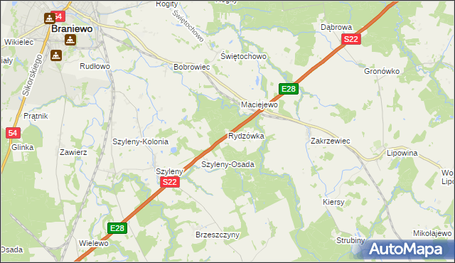 mapa Rydzówka gmina Braniewo, Rydzówka gmina Braniewo na mapie Targeo