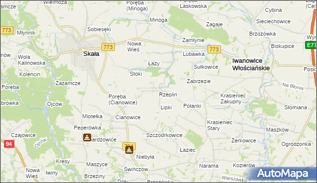 mapa Rzeplin gmina Skała, Rzeplin gmina Skała na mapie Targeo