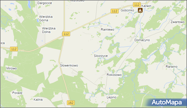 mapa Sikorzyce gmina Gościno, Sikorzyce gmina Gościno na mapie Targeo