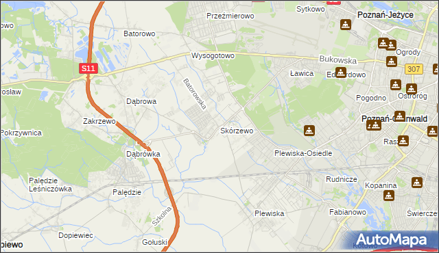 mapa Skórzewo gmina Dopiewo, Skórzewo gmina Dopiewo na mapie Targeo