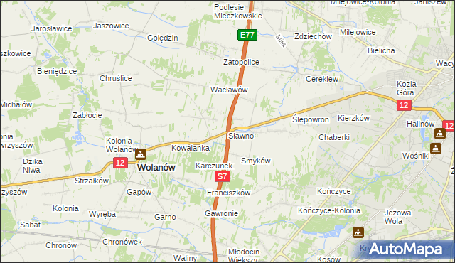 mapa Sławno gmina Wolanów, Sławno gmina Wolanów na mapie Targeo
