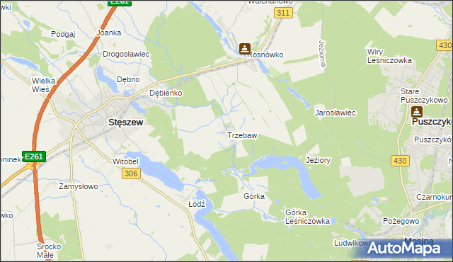 mapa Trzebaw gmina Stęszew, Trzebaw gmina Stęszew na mapie Targeo