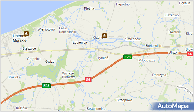 mapa Tymień gmina Będzino, Tymień gmina Będzino na mapie Targeo