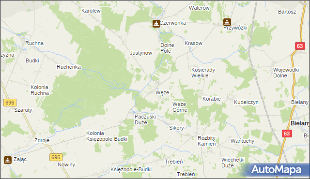 mapa Węże gmina Sokołów Podlaski, Węże gmina Sokołów Podlaski na mapie Targeo