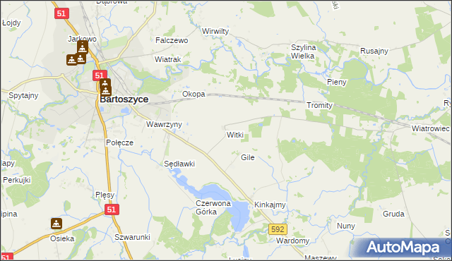 mapa Witki gmina Bartoszyce, Witki gmina Bartoszyce na mapie Targeo