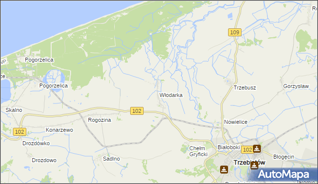 mapa Włodarka gmina Trzebiatów, Włodarka gmina Trzebiatów na mapie Targeo