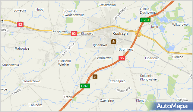 mapa Wróblewo gmina Kostrzyn, Wróblewo gmina Kostrzyn na mapie Targeo