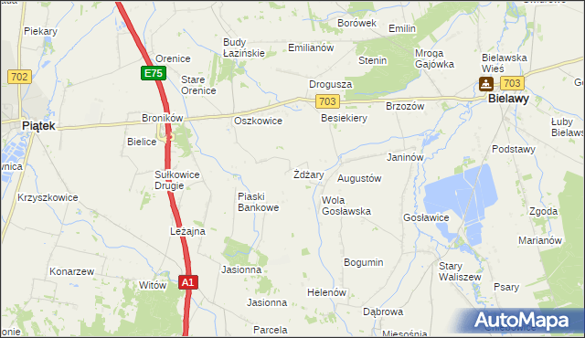 mapa Żdżary gmina Bielawy, Żdżary gmina Bielawy na mapie Targeo