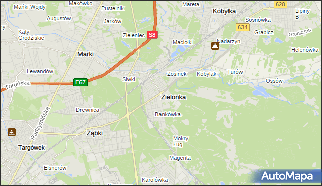 mapa Zielonka powiat wołomiński, Zielonka powiat wołomiński na mapie Targeo