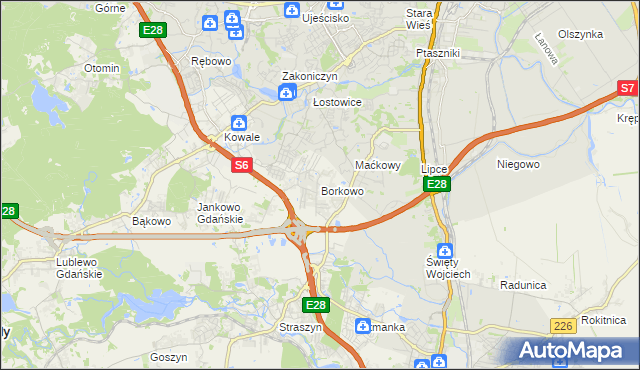 mapa Borkowo gmina Pruszcz Gdański, Borkowo gmina Pruszcz Gdański na mapie Targeo