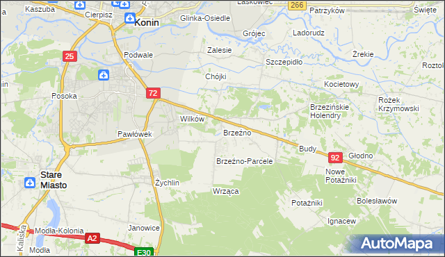 mapa Brzeźno gmina Krzymów, Brzeźno gmina Krzymów na mapie Targeo